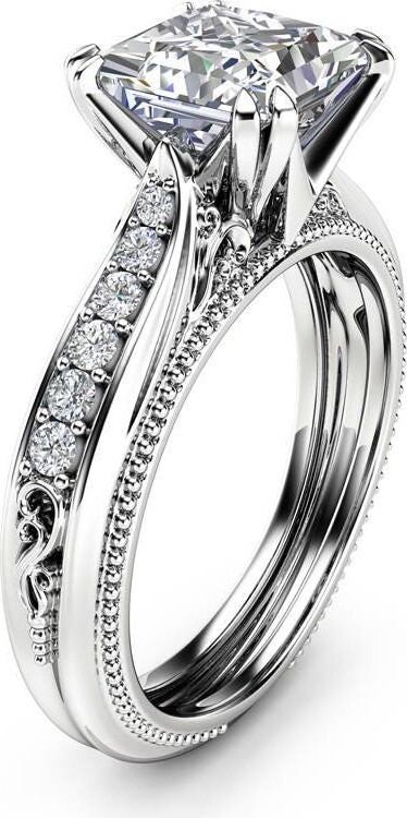 Etsy Victorian Princess Cut Moissanite Engagement Ring 14K White Gold Lab Diamond Accents