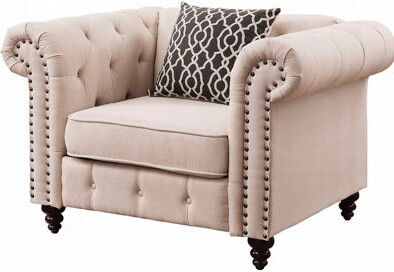 East Urban Home Elegant Beige Accent Chair With Soft Pillow - Linen Fabric Solid Eucalyptus Construction Charming