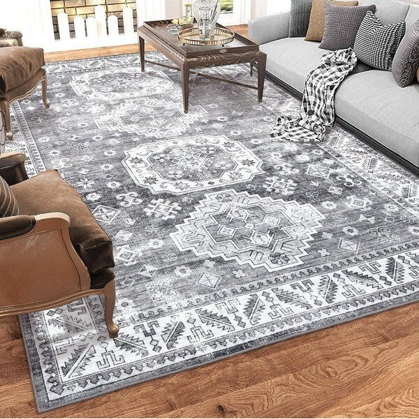 Acekool8x10WashableAreaRug–NonSlipLowPileSoftVintageDistressedCarpetFoldableforLivingRoomBedroomGray