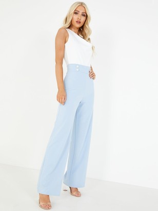 Quiz Scuba Crepe High Waisted Button Palazzo Trousers - Navy