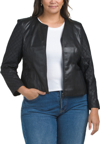 TJMAXX Plus Eyelet Peplem Jacket With Knit Side Panels, Polyester/Leather/Viscose