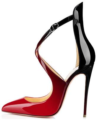 Sammitop Women's Pointed Toe Pumps Ankle Strap Stiletto Heel Red Dress Shoes Patent Black Shoes US8