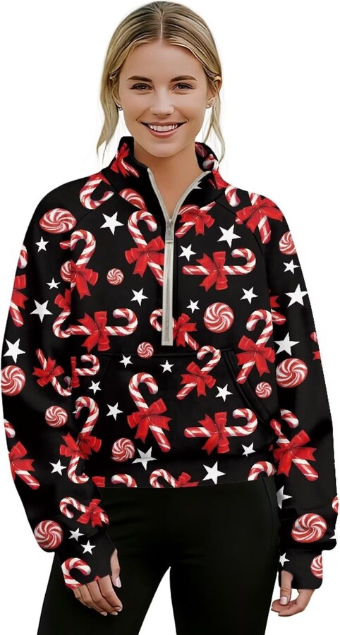 Biyejit Xmas Candy Cane Womens Sweatshirts Christmas Half Zip Pullover Cropped Comfort Fall Loose Long Sleeve Thumb Hole Pullover Hoodies Size XS-3XL