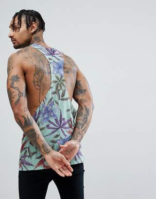 ASOS DESIGN extreme racer back tank with raw edge in linen look fabric with floral print