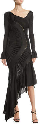 Roberto Cavalli Long-Sleeve Asymmetric V-Neck Ruched Jersey Gown