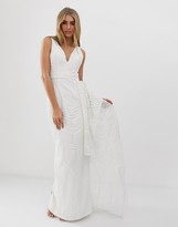 bariano tiered contrast lace maxi dress in white