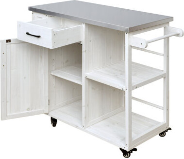 Outdoor Kitchen Island Fir Wood Prep Station Lockable Kitchen Cart with Stainless Top, Ample Storage Space, Towel and Spice Racks for Patio and Outdoo