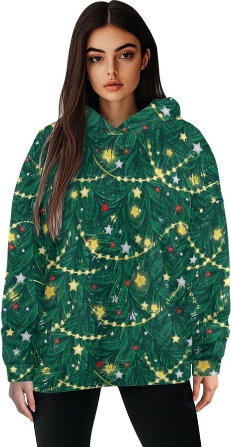 Whosucclay Christmas Tree Stars Women's Hoodie Casual Oversized Sweatshirts Long Sleeve Pullover Loose Workout Shirts Drop Shoulder Fall Tops Fashion Clothes