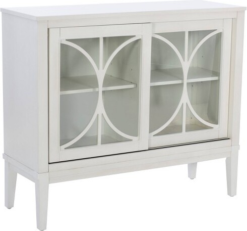 PowellLarchSolidWoodCabinet:TemperedGlassDecorativeFretworkDualUSBPortsAcaciaVeneer