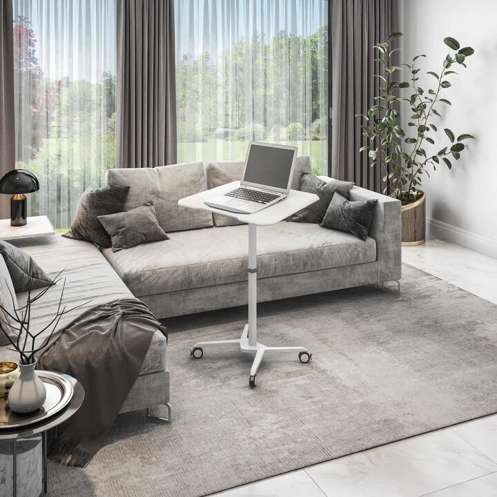 Techni Mobili White Sit To Stand Mobile Laptop Computer Stand with Height Adjustable and Tiltable Tabletop