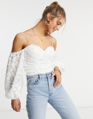 Forever U cold shoulder top with puffed sleeve and cup detail in textured white