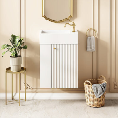 Ebern Designs 21.6 Inch Bathroom Vanity With Ceramic Basin, Rose Gold Handle, Wave - Door, Side Storage, Single Hole, Soft Close, For Mini Sized Bathrooms Modern Va