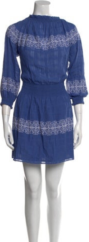 Tory Burch A-Line Dress Blue Pleated, Ruffle & Embroidered Accents Three-Quarter Sleeve with Mock Neck Designer