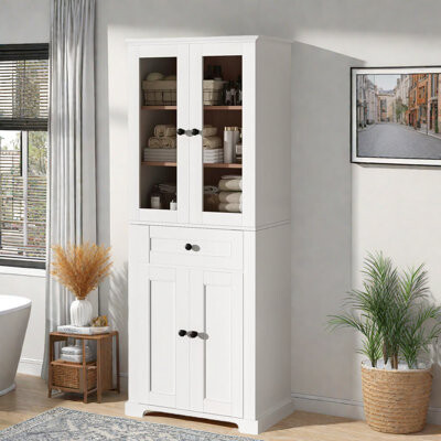 Tall Bathroom Storage Cabinet With Tempered Glass Doors, Adjustable Shelves, Drawer And Soft-close Design