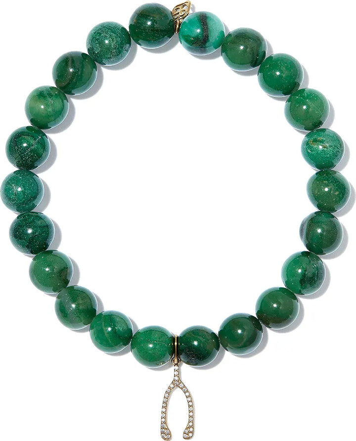 Sydney Evan 14kt Yellow Gold Verdite Diamond Wishbone Charm Beaded Bracelet
