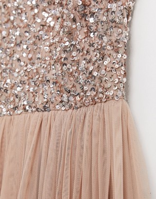 Maya Bridesmaid sleeveless square neck maxi tulle dress with tonal delicate sequin overlay in taupe blush