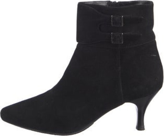 Aquatalia Suede Ankle Boots Black Semi-Pointed Toes Wrap-Around Straps & Exposed Zip Closure at Sides