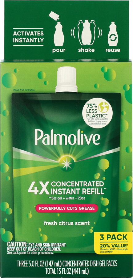 Palmolive 4X Concentrated Dish Detergent Gel Refill Pouches, Fresh Citrus Scent, 5 fl oz, 3 Pack
