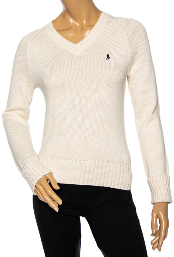 Ralph Lauren Off-White Cotton Knit V-Neck Jumper M - ShopStyle