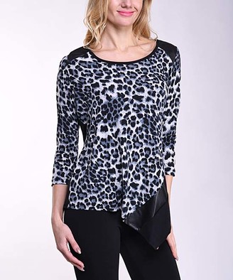 Lbisse Women's Tunics Black - Gray & Cream Leopard Print Asymmetric Hem Scoop Neck Tunic - Women
