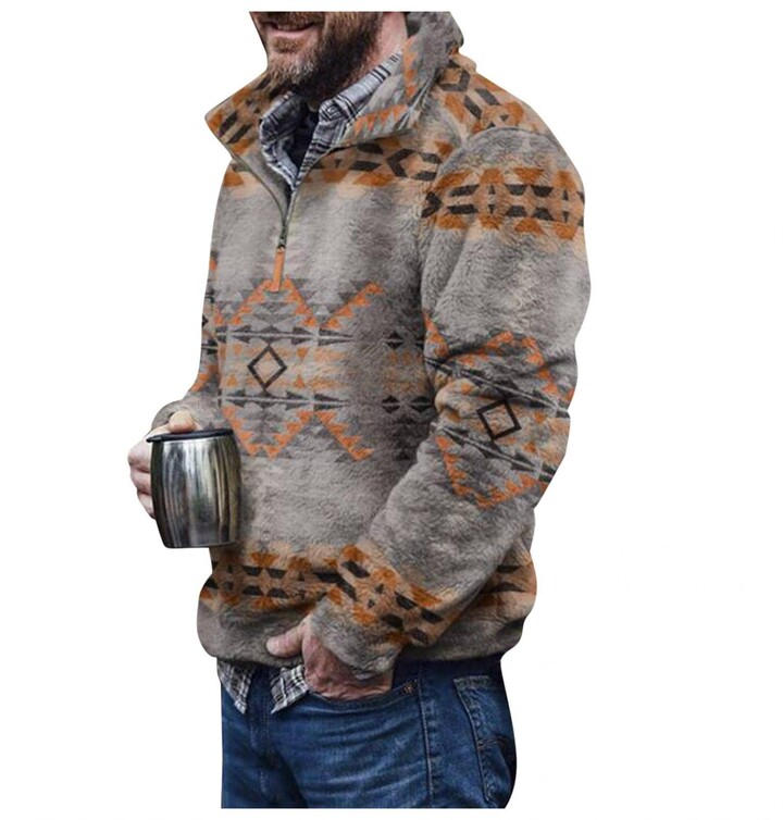 Mens Western Aztec Jackets Fleece Quarter Button Turtleneck Fuzzy Sherpa Pullover Sweatshirts Warm Winter Outerwear