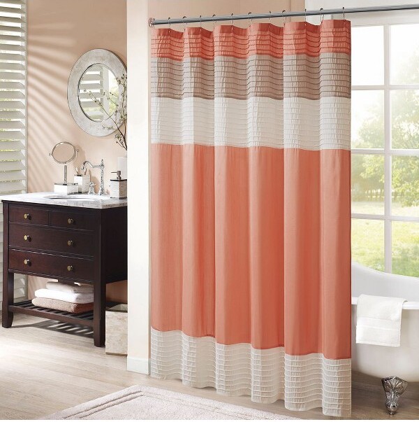 OkakFauxSilkSplicingDesignMulticoloredShowerCurtainwithButtonHoles,MachineWashableBathroomDecor,72x72inches,Coral Shower Curtains