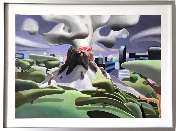 Nico Pearleyes, Subterranean Strengths Acrylic Surreal Painting on Paper with Volcanic Landscape, 2026
