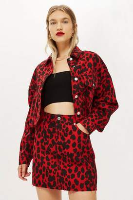 Topshop Red Leopard Print Denim Jacket