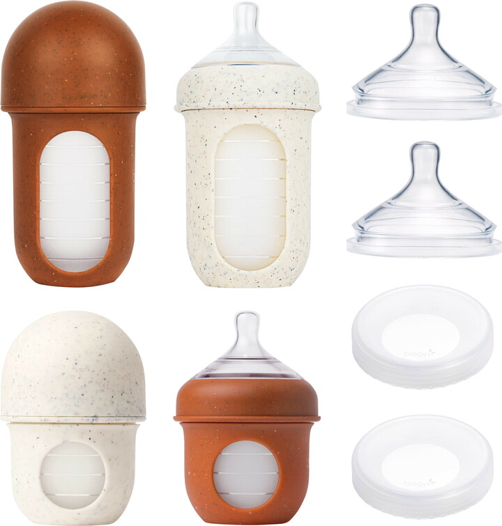 Boon NURSH® Silicone Speckle Bottle Bundle with Storage Lids - Includes Slow/Medium/Fast Flow Nipples, 4 and 8 Ounce Bottles, and Storage Lids