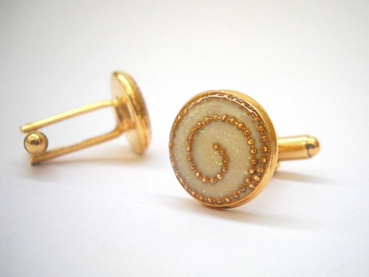 Etsy Golden Cufflinks With White Spiral Resin Finish