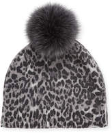 Thumbnail for your product : Neiman Marcus Leopard-Print Cashmere Beanie w/ Fur Pompom