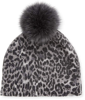 Neiman Marcus Leopard-Print Cashmere Beanie w/ Fur Pompom