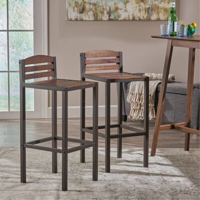 17 Stories Milos Outdoor Acacia Wood Barstool (Set Of 2)