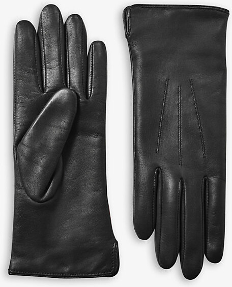 Aspinal of London Womens Black Stitch-Embellished Cashmere and Leather Gloves