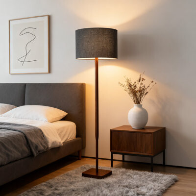 Hokku Designs 58.5-Inch Floor Lamp With Walnut Base And Grey Fabric Shade 3-Way Adjustable Brightness For Bedroom Living Room And Office Lighting