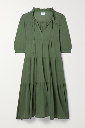 HONORINE Giselle Tiered Crinkled Cotton-gauze Maxi Dress - Army green