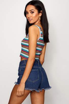 boohoo Petite Ribbed Coloured Stripe Button Front Crop Top