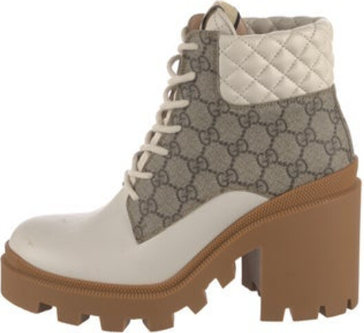Gucci Ankle Combat Boots Neutrals GG Supreme Leather Trim Round-Toes Platform Lace-Up Closure at Uppers