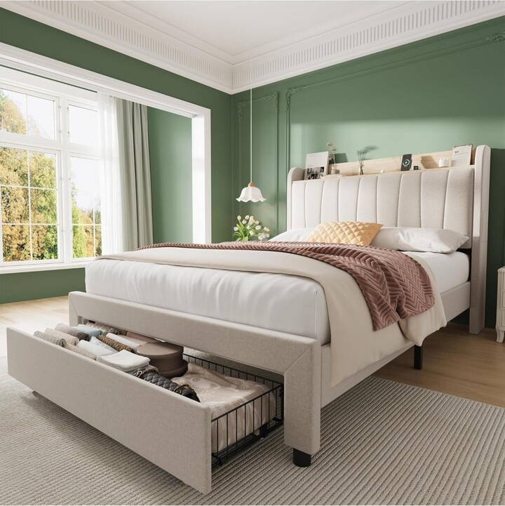 gaomon Bed Frame with Storage Headboard and Charging Station Wooden Platform with Metal Frame & Large Drawers No Box Spring.