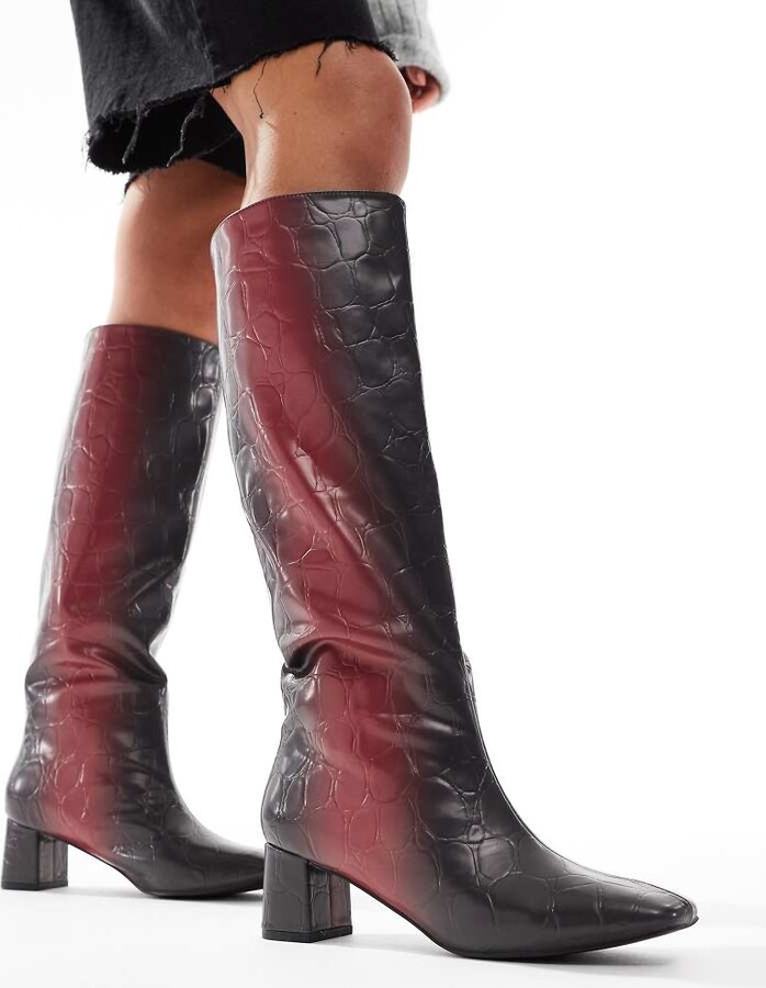 Public Desire Tamira block heel knee boots in red ombre croc