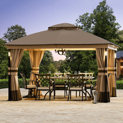 ELEVATE OUTDOORS Louvre 13' x 11' LED Self-Power Lights Steel Double Roof Soft Top Gazebo with Waterproof Canopy and Curtain
