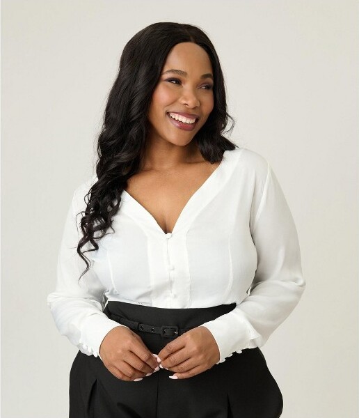 Unique Vintage UniqueVintageWomen'sPlusLongSleeveBlouseWhite1X/16