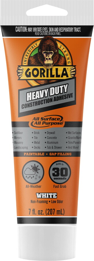 Gorilla Heavy Duty Construction Adhesive, White Glue, 7 Ounce Squeeze Tube
