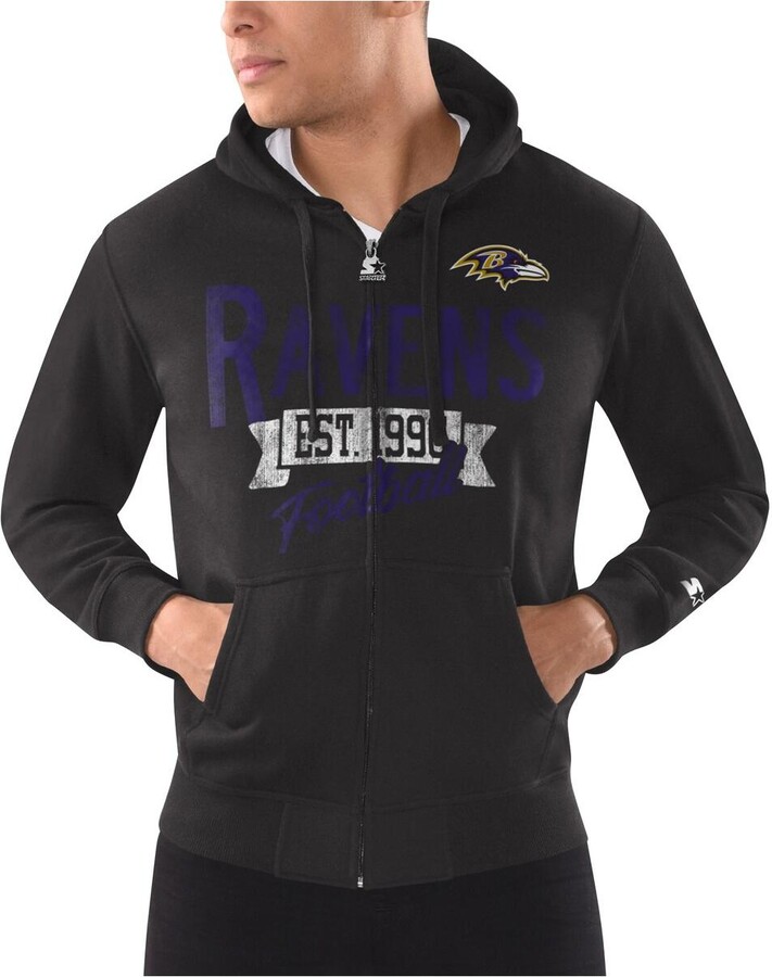 Men's Starter Black Distressed Baltimore Ravens Domestic Post Season Full-Zip Hoodie