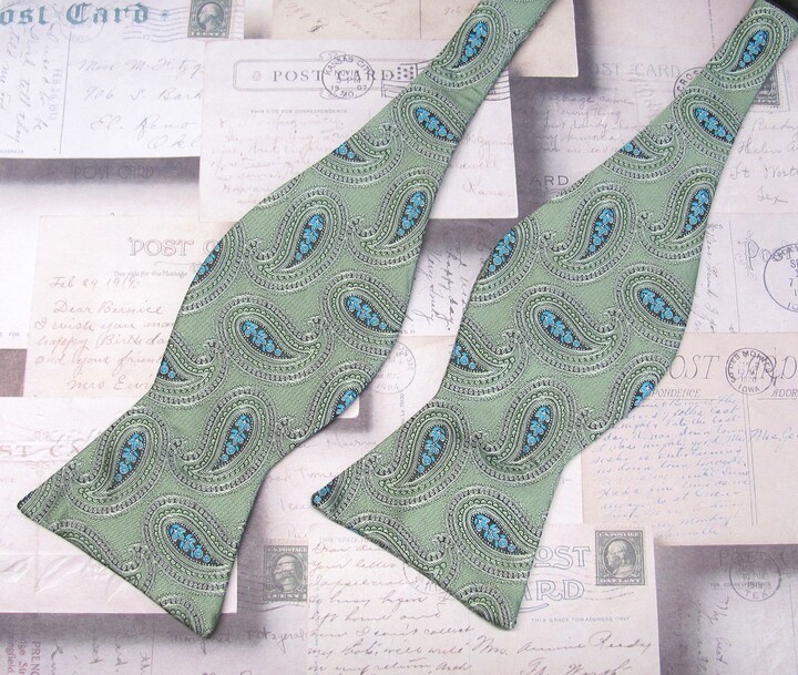 Etsy Mens Self Tie Bow Ties. Moss Green Turquoise Paisley Free Style Bowtie With Matching Pocket Square