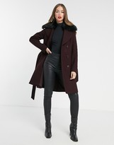 Thumbnail for your product : Morgan double-breasted coat with faux-fur collar detail in burgundy