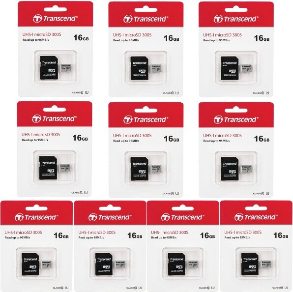Transcend16GB300s95MB/sClass10MicroSDHCMemoryCardwithSDAdapter-10Units