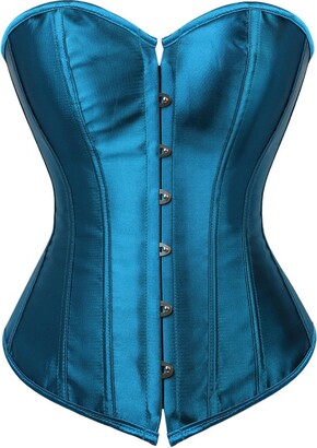 Kelvry Women's Plus Size Gothic Lingerie Satin Lace up Boned Overbust Corsets Shapewear Outfit Peacock Blue