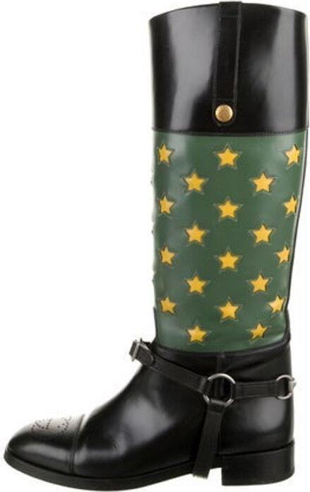 Gucci Leather Knee-High Riding Boots Green Horsebit Accent & Interlocking G Logo Round-Toes with Lasercut Accents Wrap-Around Straps