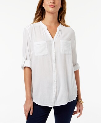 Charter Club Women's Crepe Roll-Tab Button-Up Blouse 
